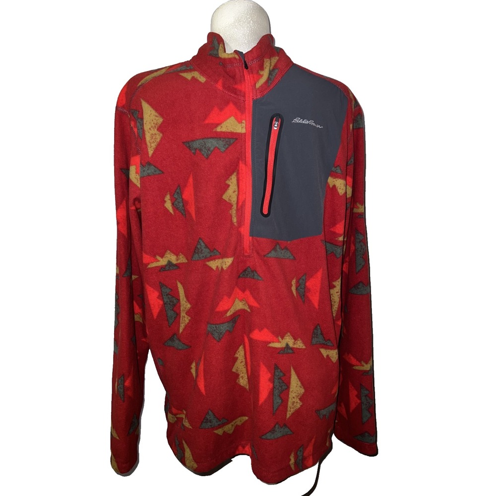 Eddie Bauer First Ascent Mens TXL Red Geometric Mountain Fleece 1/4 Zip Pullover